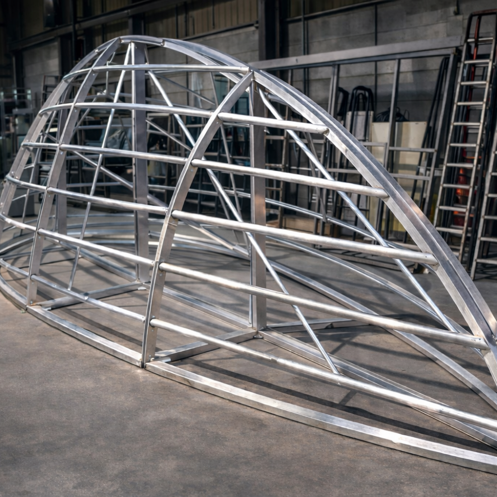 Structure aluminium cintrée réalisée en mécano-soudure dans l’atelier Novatôle