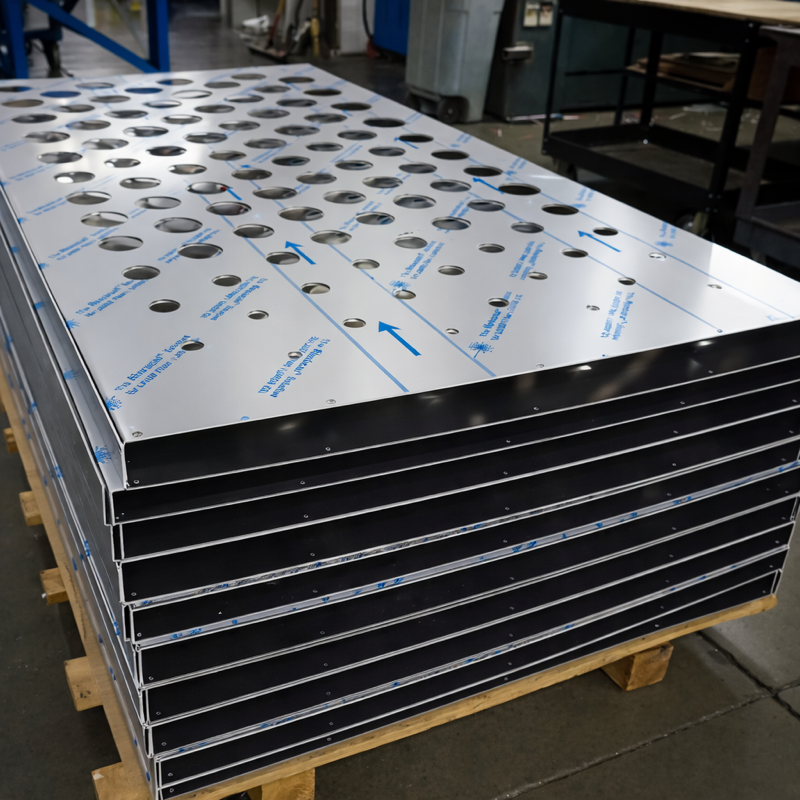 Découpe laser de grandes tôles acier avec multiples pièces techniques prêtes pour assemblage